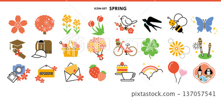 春季彩色圖示集 | 花卉、入口、畢業典禮、櫻花、油菜花、梅花 | 扁平向量素材 137057541