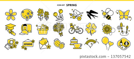 Spring colorful icon set | Flowers, entrance, graduation, strawberry, bicycle, bee | Flat vector material Spring colorful icon set | Flowers, entrance, graduation, strawberry, bicycle, bee | Flat vector material 137057542