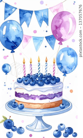 Watercolor Blueberry Birthday Cake with Whipped Cream, Fresh Blueberries, Party Flags, and Balloons Watercolor Blueberry Birthday Cake with Whipped Cream, Fresh Blueberries, Party Flags, and Balloons 137057676