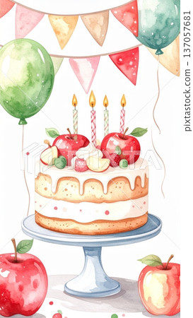 Watercolor Apple Birthday Cake with Whipped Cream, Fresh Apples, Party Flags, and Balloons 137057681