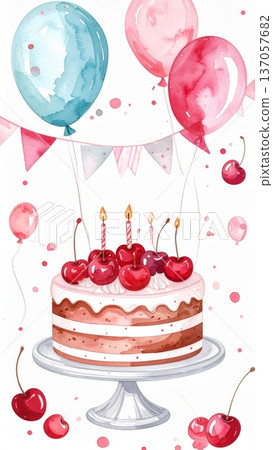 Watercolor Cherry Birthday Cake with Whipped Cream, Fresh Cherries, Party Flags, and Balloons 137057682