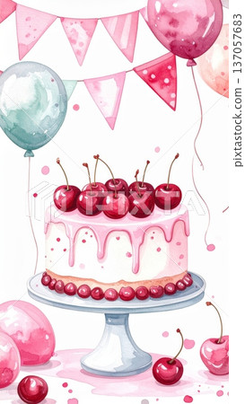 Watercolor Cherry Birthday Cake with Whipped Cream, Fresh Cherries, Party Flags, and Balloons 137057683