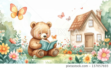 Watercolor Bear Reading a Book in a Flower Garden with Butterflies Watercolor Bear Reading a Book in a Flower Garden with Butterflies 137057693