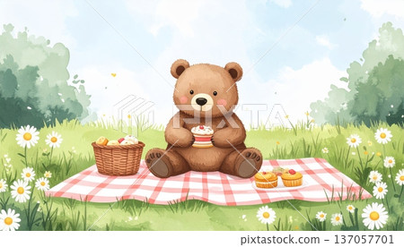 Watercolor Bear Having a Picnic on a Picnic Blanket with Sweets in a Daisy Field Watercolor Bear Having a Picnic on a Picnic Blanket with Sweets in a Daisy Field 137057701