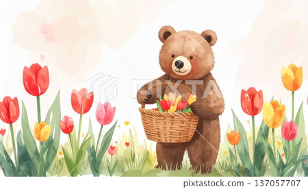 Watercolor Bear Holding a Basket of Tulips, Walking Through a Tulip Field Watercolor Bear Holding a Basket of Tulips, Walking Through a Tulip Field 137057707