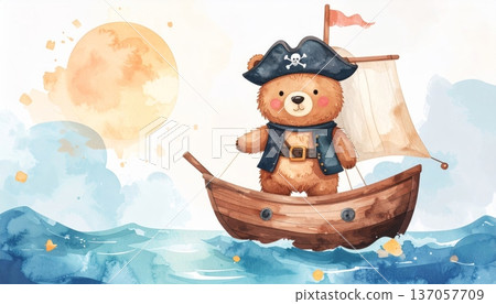Watercolor Bear Wearing a Pirate Costume on a Pirate Ship in the Middle of the Ocean Watercolor Bear Wearing a Pirate Costume on a Pirate Ship in the Middle of the Ocean 137057709