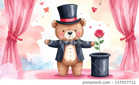 Watercolor Bear Wearing a Magician Outfit, Performing Magic with a Rose from a Hat on Stage Watercolor Bear Wearing a Magician Outfit, Performing Magic with a Rose from a Hat on Stage 137057712