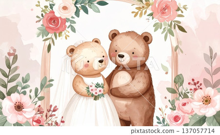 Watercolor Bear Couple Getting Married in Front of a Flower Arch Watercolor Bear Couple Getting Married in Front of a Flower Arch 137057714