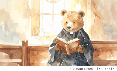 Watercolor Bear Priest in a Church Reading from a Book 137057717