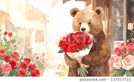 Watercolor Bear Holding a Red Rose Bouquet Wrapped in Paper, Standing in Front of a Flower Shop in the Countryside Watercolor Bear Holding a Red Rose Bouquet Wrapped in Paper, Standing in Front of a Flower Shop in the Countryside 137057723