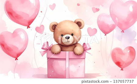 Watercolor Bear Popping Out of a Pink Gift Box with Floating Hearts and Heart-Shaped Balloons 137057737