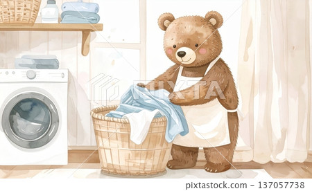 Watercolor Bear Wearing an Apron, Taking Clothes Out of a Laundry Basket in the Laundry Room 137057738