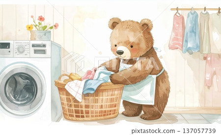 Watercolor Bear Wearing an Apron, Taking Clothes Out of a Laundry Basket in the Laundry Room 137057739