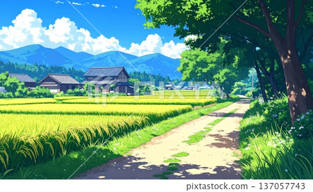 Anime-Style Illustration of a Countryside Path in Japan with Rice Fields Along the Way Anime-Style Illustration of a Countryside Path in Japan with Rice Fields Along the Way 137057743
