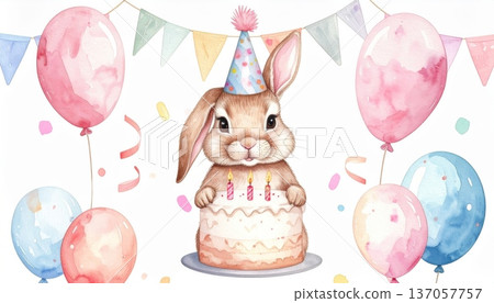Watercolor Bunny in Party Hat with Large Birthday Cake, Party Flags, and Balloons 137057757