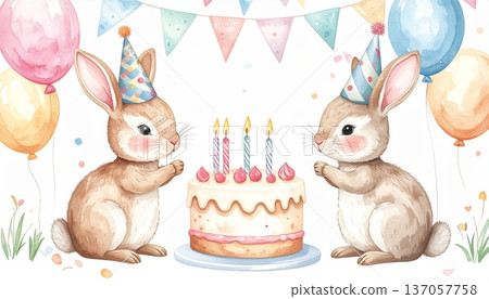 Watercolor Bunny in Party Hat with Large Birthday Cake, Party Flags, and Balloons 137057758