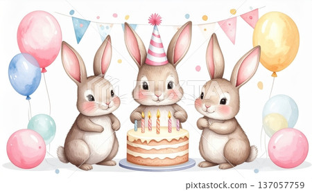 Watercolor Bunny in Party Hat with Large Birthday Cake, Party Flags, and Balloons 137057759