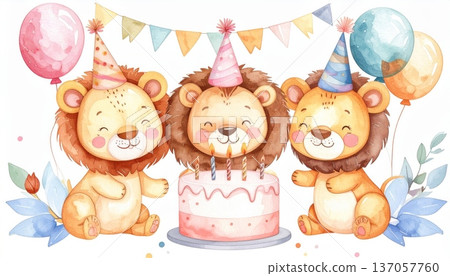 Watercolor Lion in Party Hat with Large Birthday Cake, Party Flags, and Balloons Watercolor Lion in Party Hat with Large Birthday Cake, Party Flags, and Balloons 137057760