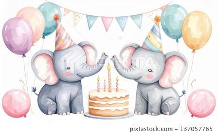 Watercolor Elephant in Party Hat with Large Birthday Cake, Party Flags, and Balloons Watercolor Elephant in Party Hat with Large Birthday Cake, Party Flags, and Balloons 137057765