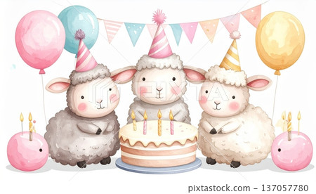 Watercolor Sheep in Party Hat with Large Birthday Cake, Party Flags, and Balloons Watercolor Sheep in Party Hat with Large Birthday Cake, Party Flags, and Balloons 137057780