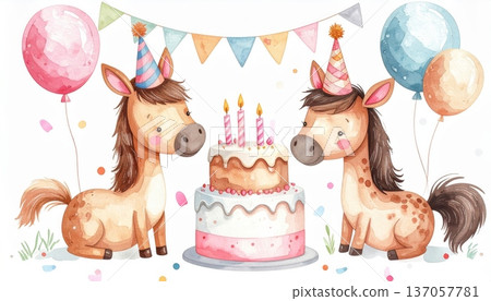 Watercolor Horse in Party Hat with Large Birthday Cake, Party Flags, and Balloons Watercolor Horse in Party Hat with Large Birthday Cake, Party Flags, and Balloons 137057781