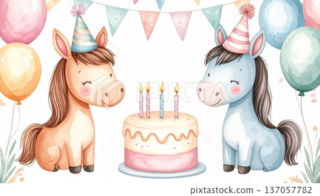 Watercolor Horse in Party Hat with Large Birthday Cake, Party Flags, and Balloons Watercolor Horse in Party Hat with Large Birthday Cake, Party Flags, and Balloons 137057782
