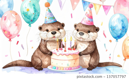 Watercolor Otter in Party Hat with Large Birthday Cake, Party Flags, and Balloons 137057797