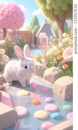 3D Bunny Playing in a Stream Collecting Colorful Stones in a Garden 3D Bunny Playing in a Stream Collecting Colorful Stones in a Garden 137057810