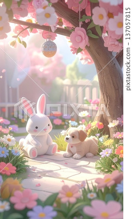 3D Bunny Sitting Under a Tree Playing with a Puppy in a Flowering Garden 3D Bunny Sitting Under a Tree Playing with a Puppy in a Flowering Garden 137057815