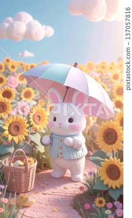 3D Bunny Holding a Pastel Umbrella Walking Through a Sunlit Sunflower Field 3D Bunny Holding a Pastel Umbrella Walking Through a Sunlit Sunflower Field 137057816