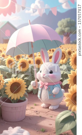 3D Bunny Holding a Pastel Umbrella Walking Through a Sunlit Sunflower Field 137057817