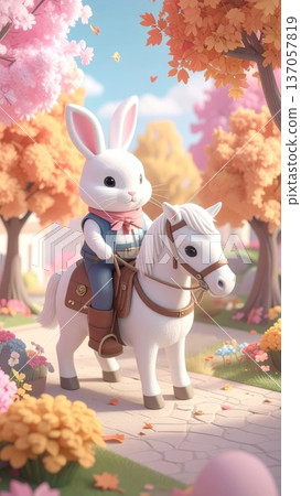 3D Bunny in Cowboy Outfit Riding a Horse in a Tree-Filled Garden with Fall Leaves 3D Bunny in Cowboy Outfit Riding a Horse in a Tree-Filled Garden with Fall Leaves 137057819