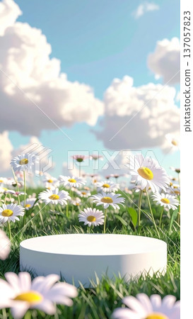 Minimalistic 3D White Podium on Grass with Daisy Flowers and Sky Background Minimalistic 3D White Podium on Grass with Daisy Flowers and Sky Background 137057823