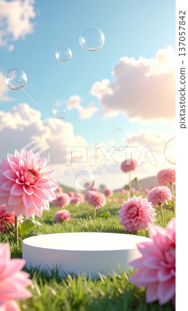 Minimalistic 3D White Podium on Grass with Dahlia Flowers and Sky Background Minimalistic 3D White Podium on Grass with Dahlia Flowers and Sky Background 137057842