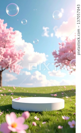 Minimalistic 3D White Podium on Grass with Sakura Flowers and Sky Background Minimalistic 3D White Podium on Grass with Sakura Flowers and Sky Background 137057843