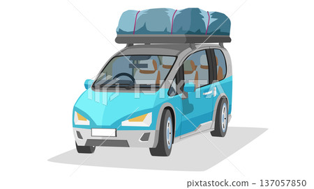 Separate layer of travel mini van car blue color. Top of car with roof rack and luggage cover for travel or trips. Show inside car. On isolated white background. 137057850