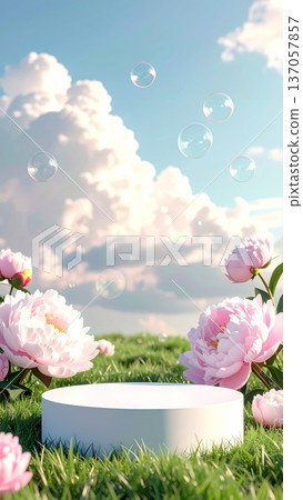 Minimalistic 3D White Podium on Grass with Peony Flowers and Sky Background 137057857