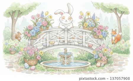 Bunny Sitting on a White Wooden Bridge Surrounded by Flowers and Easter Eggs in a Public Garden with a Fountain 137057908