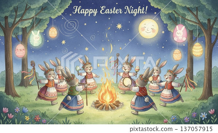 Bunny Villagers Dancing Around a Bonfire in the Night on Easter Celebration 137057915