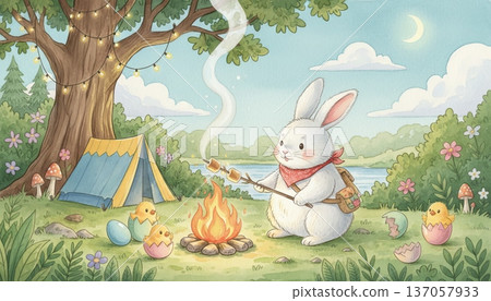 Bunny Camping in the Forest, Roasting Marshmallows and Watching Easter Eggs Hatch Bunny Camping in the Forest, Roasting Marshmallows and Watching Easter Eggs Hatch 137057933