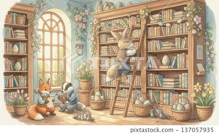 Bunny Librarian Organizing Books on a Ladder in a Cozy Library with Easter and Nature Decorations Bunny Librarian Organizing Books on a Ladder in a Cozy Library with Easter and Nature Decorations 137057935