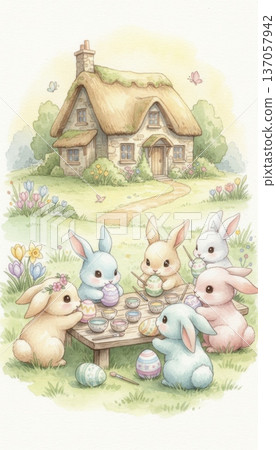 Easter Egg Painting Party on the Grass in Front of the House 137057942