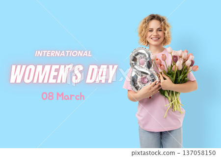 Woman holds flowers and a balloon while celebrating women's day Woman holds flowers and a balloon while celebrating women's day 137058150
