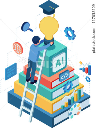 Isometric Man Climbing Books to Learn New Skills and Knowledge Isometric Man Climbing Books to Learn New Skills and Knowledge 137058209