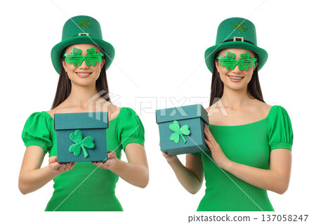 Girl in green outfit holds a gift box for St. Patrick's Day, PNG Girl in green outfit holds a gift box for St. Patrick's Day, PNG 137058247
