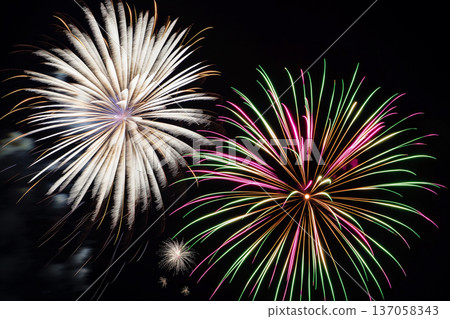 White and multicolored fireworks blooming in the night sky White and multicolored fireworks blooming in the night sky 137058343