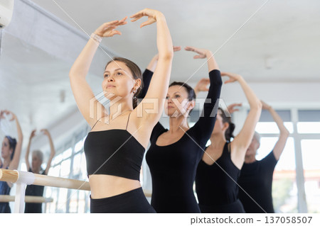 Group of women stand in position at ballet barre 137058507