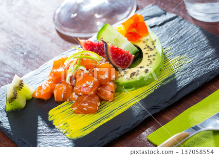 Tartare of raw tuna with avocado and spicy mango sauce Tartare of raw tuna with avocado and spicy mango sauce 137058554