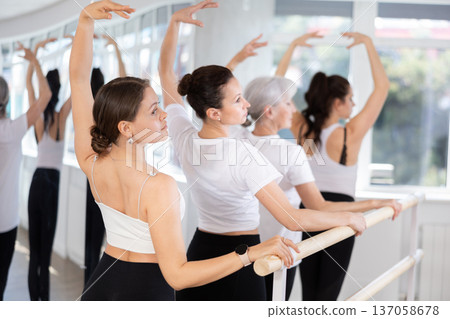 Group of women practicing at ballet barre Group of women practicing at ballet barre 137058678