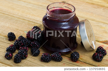 Blackberries and jar of jam Blackberries and jar of jam 137058691